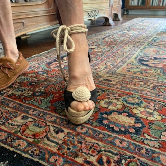 Kate Spade Black Satin Espadrilles Wedge Rope Lace Up Size 7 - Picture 2 of 9